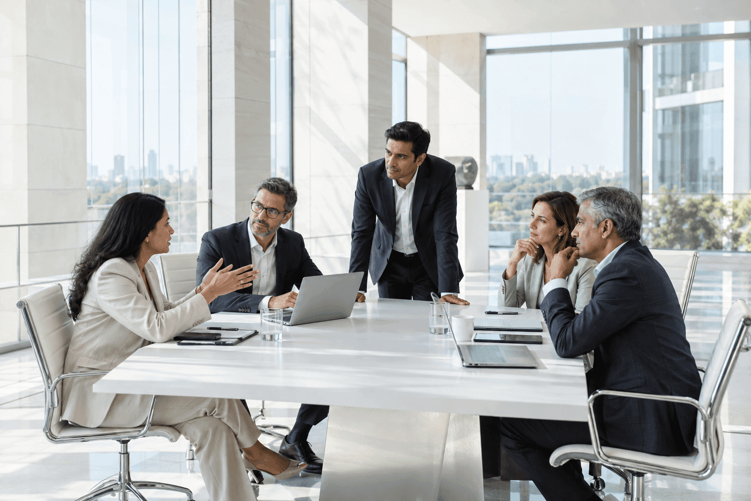 Executives exchanging perspectives in a bright contemporary seminar workspace