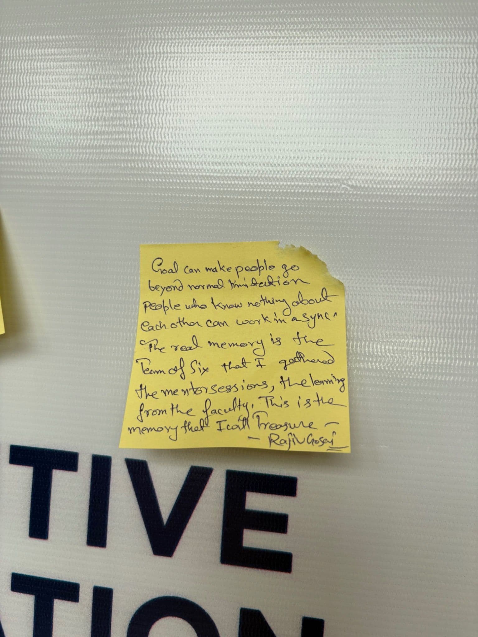 A handwritten participant reflection on teamwork, mentoring and learning.